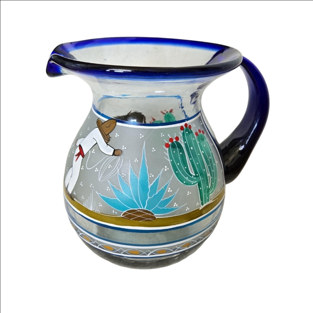 Mexican Blown Glass Pitcher Agave Cactus Donkey Folk Art Rustic Southwest Decor